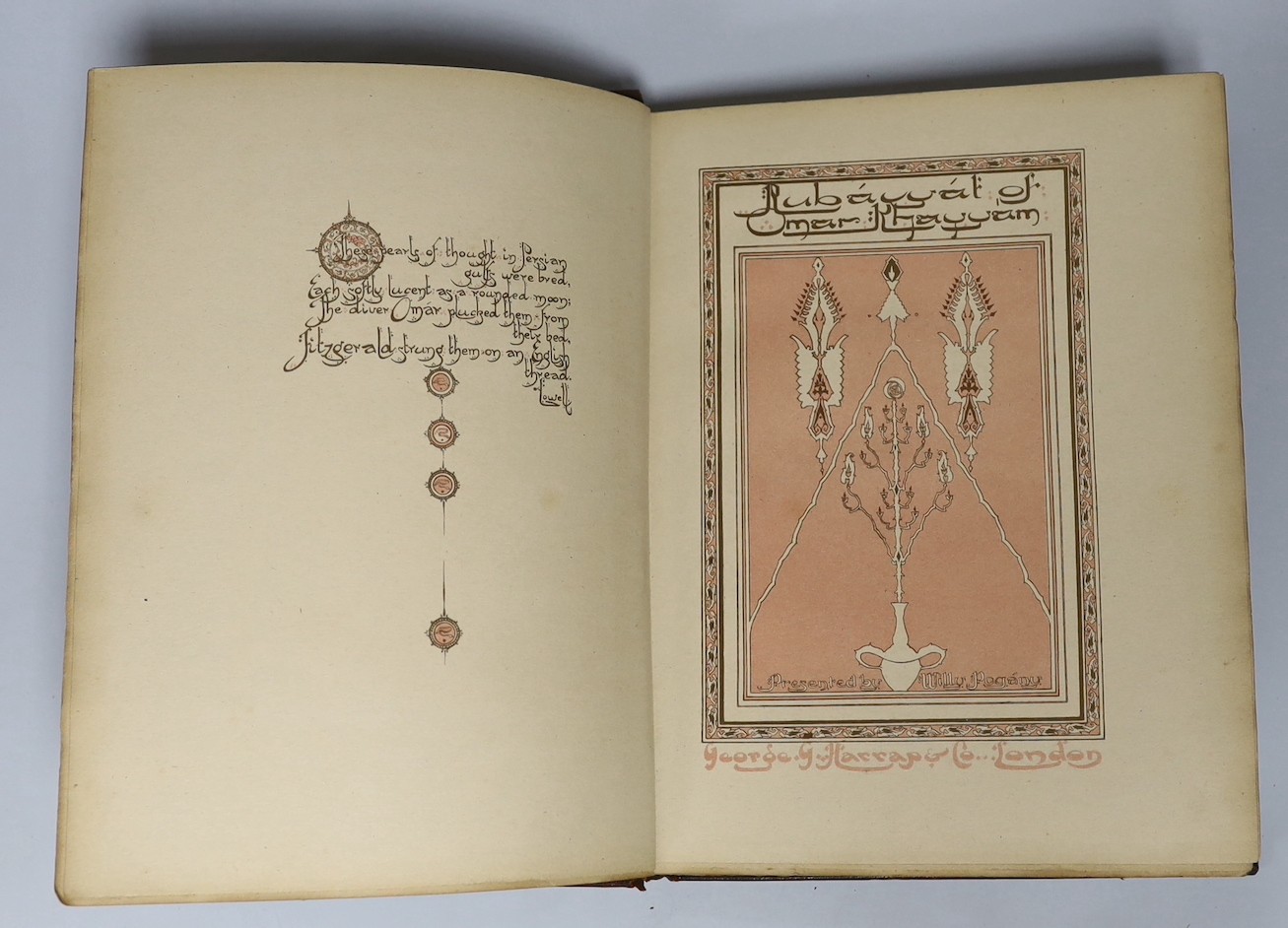 Pogany, Willy (illustrator) - Rubaiyat of Omar Khayyan, 4to, tooled olive green morocco gilt, with 24 tipped-in coloured plates, top edge gilt, remainder untrimmed, George G Harrap & Co., London, [1909]